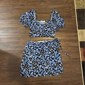 Floral Blue and Black Two Piece Set